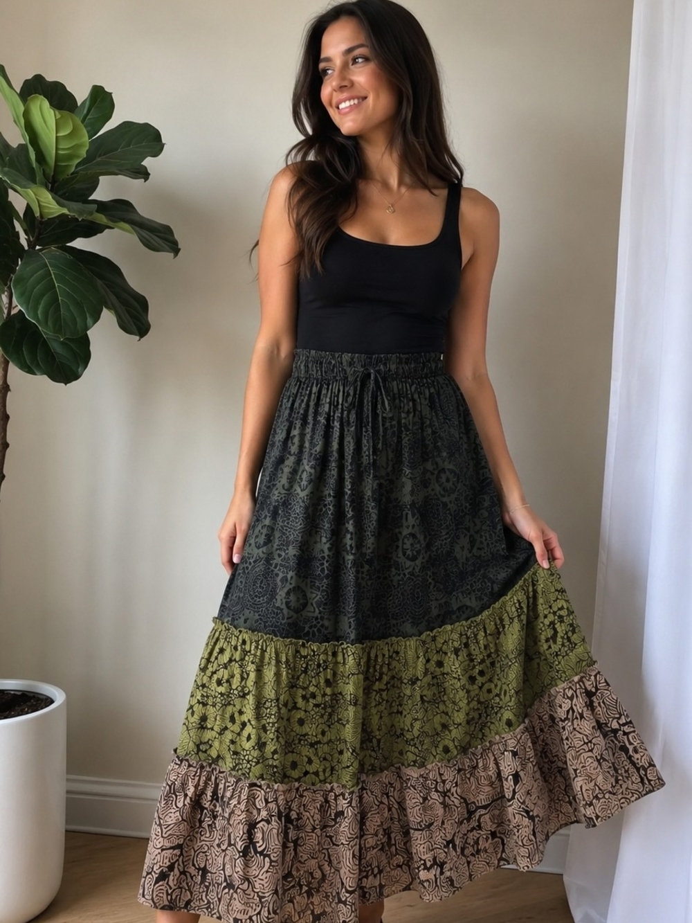 Boho Tiered Maxi Skirt in Olive, Black & Blush